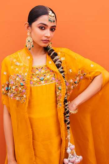 Buy_Kesar Studio_Yellow Organza, Silk, Crepe Embroidery Round Box Pleat Border Jacket Kurta Set_Online_at_Aza_Fashions