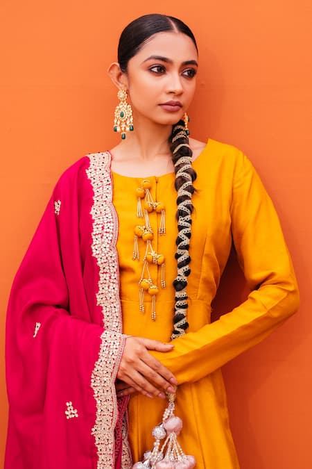 Buy_Kesar Studio_Yellow Silk Tassels Round Neck Gown With Embroidered Dupatta_Online_at_Aza_Fashions