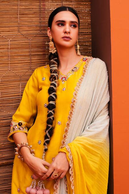Buy_Kesar Studio_Yellow Silk Embroidery, Lace V-neck Abla Kurta Palazzo Set_Online_at_Aza_Fashions