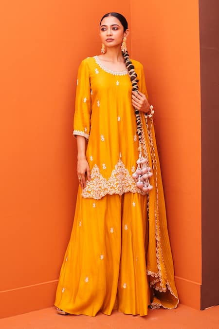 Kesar Studio_Yellow Silk, Georgette Embroidery, Gota Patti Scoop Neck Kurta Skirt Set_Online_at_Aza_Fashions