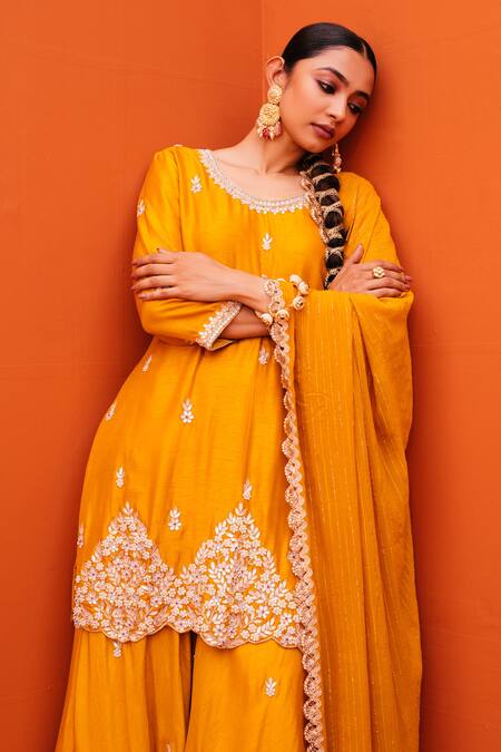 Buy_Kesar Studio_Yellow Silk, Georgette Embroidery, Gota Patti Scoop Neck Kurta Skirt Set_Online_at_Aza_Fashions