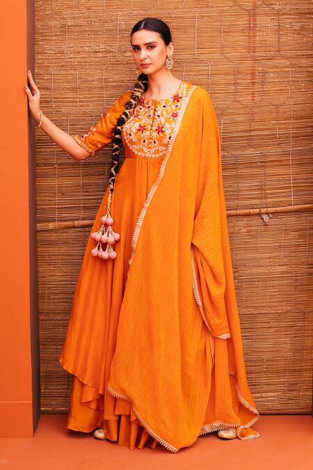 Kesar Studio_Orange Silk, Georgette Embroidery, Gota Patti Bodice Layered Gown With Dupatta_Online_at_Aza_Fashions