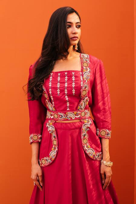 Kesar Studio_Red Silk Tassels, Embroidery Square , Open Scallop Jacket Lehenga Set_Online_at_Aza_Fashions