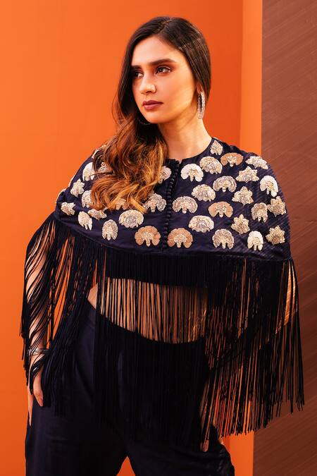 Kesar Studio_Blue Silk Tassels Round Neck Sunflower Cape Bell Bottom Pant Set_Online_at_Aza_Fashions