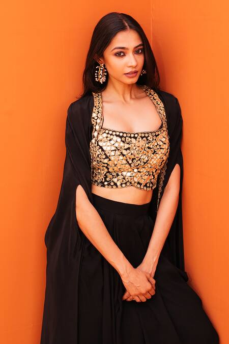 Buy_Kesar Studio_Black Georgette, Crepe Mirrors, Embroidery Scoop Shisha Border Cape Skirt Set_Online_at_Aza_Fashions