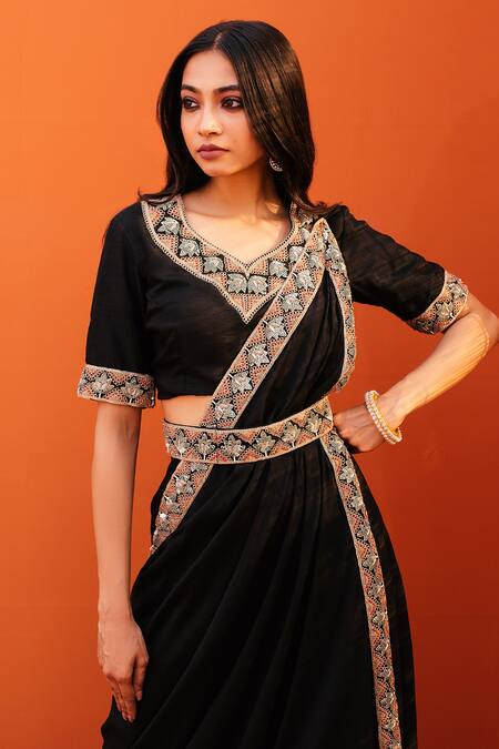 Kesar Studio_Black Silk Embroidery, Zari Pre-draped Skirt Saree Set_Online_at_Aza_Fashions