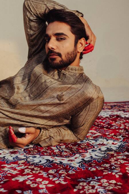 Ankita Shahabadi Green Silk And Embroidery Geometric Linear Overlap Placket Kurta Set Online at Aza Fashions Ankita Shahabadi_Green Silk And Embroidery Geometric Linear Overlap Placket Kurta Set _Online_at_Aza_Fashions