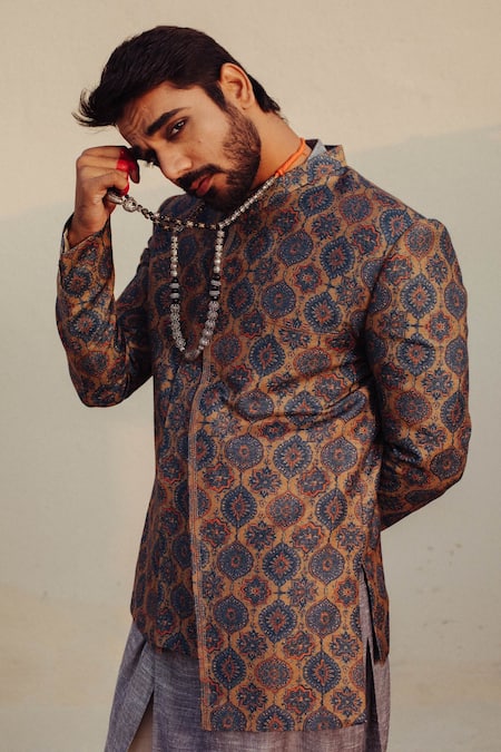 Ankita Shahabadi_Blue Silk Embroidery Floral Print Bandhgala Set _Online_at_Aza_Fashions