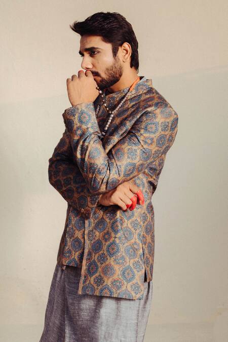 Buy_Ankita Shahabadi_Blue Silk Embroidery Floral Print Bandhgala Set _Online_at_Aza_Fashions