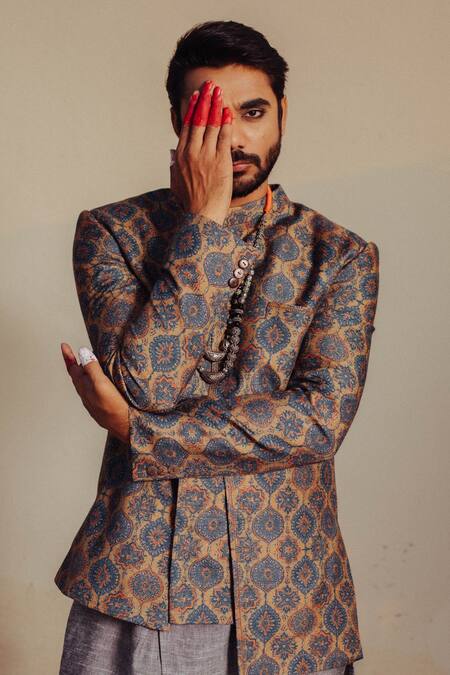 Shop_Ankita Shahabadi_Blue Silk Embroidery Floral Print Bandhgala Set _Online_at_Aza_Fashions