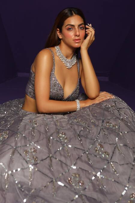 Rishi And Soujit_Purple Organza Embroidery Swarovski Sweetheart Neck Lehenga Set _Online_at_Aza_Fashions