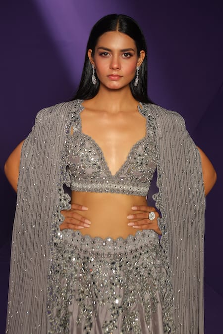 Rishi And Soujit_Purple Raw Silk Embroidery Mirror Cape Open Fossil Lilac Lehenga Set _Online_at_Aza_Fashions