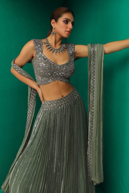 Rishi And Soujit_Green Georgette And Raw Silk Embroidery Mirror Scoop Sequin Lehenga Set  _Online_at_Aza_Fashions