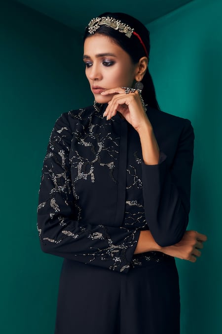 Rishi And Soujit Blue Georgette Embroidery Cutdana Bead Jacket And Flared Pant Set Online at Aza Fashions Rishi And Soujit_Blue Georgette Embroidery Cutdana Bead Jacket And Flared Pant Set _Online_at_Aza_Fashions