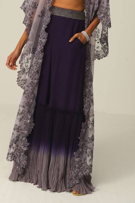 Buy_Rishi And Soujit_Purple Georgette And Organza Embroidery Thread V Neck Cape & Flared Pant Set _Online_at_Aza_Fashions