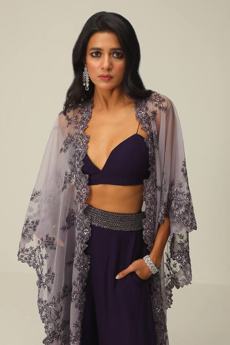 Rishi And Soujit_Purple Georgette And Organza Embroidery Thread V Neck Cape & Flared Pant Set _Online_at_Aza_Fashions