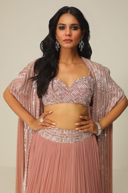 Rishi And Soujit_Pink Organza Embellished Sequin Cape Open And Gathered Skirt Set  _Online_at_Aza_Fashions