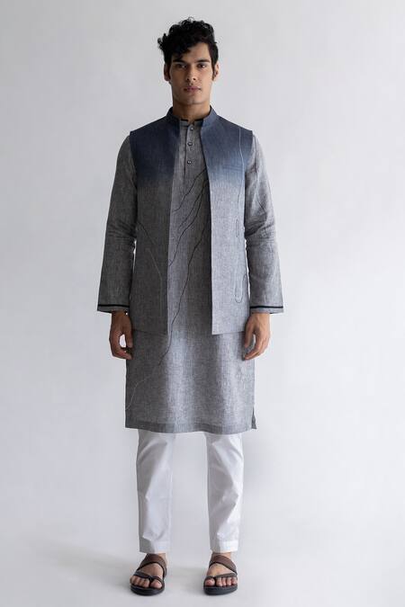 Kaha_Gray Linen Embroidery Thread Kurta Set_at_Aza_Fashions