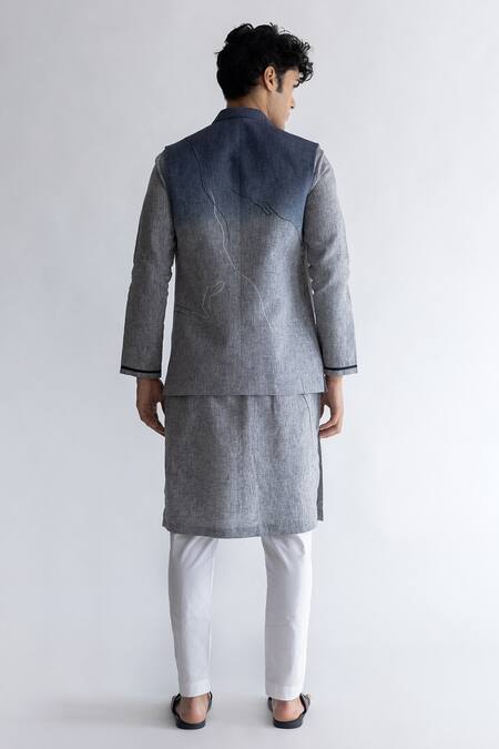 Shop_Kaha_Gray Linen Embroidery Thread Kurta Set_at_Aza_Fashions