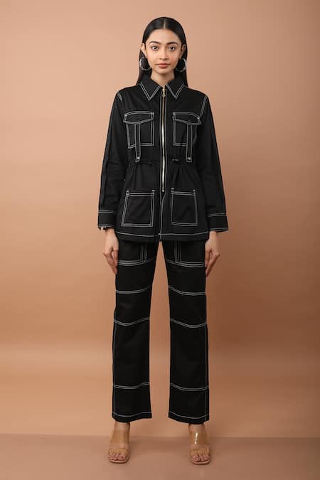 Veera Wear Black Cotton Collared Shirt And Pant Set Online at Aza Fashions Veera Wear_Black Cotton Collared Shirt And Pant Set _Online_at_Aza_Fashions