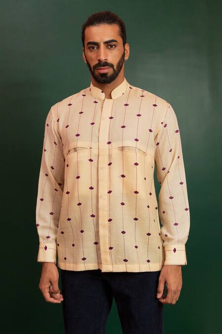 Buy_Artless_Off White Tosha Wool Stripe Candies And Patterns Shirt_Online_at_Aza_Fashions