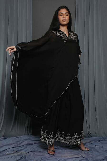 Shop_Krishna Mehta_Black Chanderi Embroidered Sequins Round Cape Tunic _Online_at_Aza_Fashions