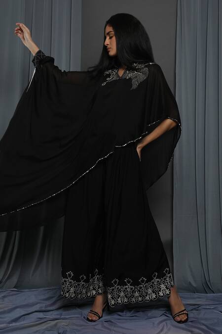 Krishna Mehta_Black Chanderi Embroidered Sequins Round Cape Tunic _at_Aza_Fashions