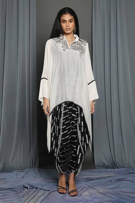 Krishna Mehta_White Chanderi Hand Embroidered Sequin Shirt Collar Asymmetrical Hem Cape Tunic _Online_at_Aza_Fashions