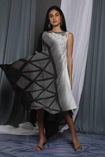 Shop_Krishna Mehta_Black Modal Print And Embroidery Boat One Sleeve Shaded Tunic _Online_at_Aza_Fashions