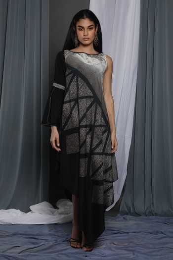 Krishna Mehta_Black Modal Print And Embroidery Boat One Sleeve Shaded Tunic _at_Aza_Fashions