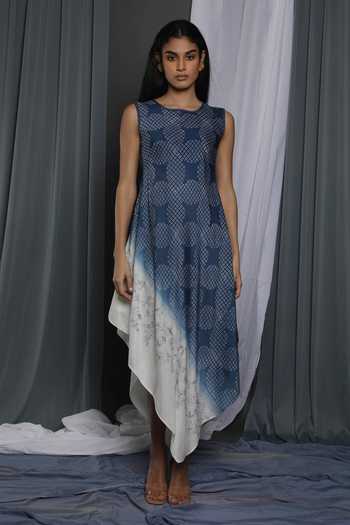 Krishna Mehta_Blue Chanderi Print And Embroidery Round Asymmetric Hem Tunic _Online_at_Aza_Fashions