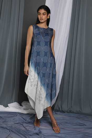Buy_Krishna Mehta_Blue Chanderi Print And Embroidery Round Asymmetric Hem Tunic _Online_at_Aza_Fashions