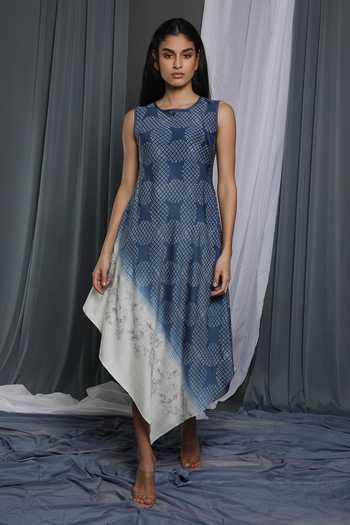 Shop_Krishna Mehta_Blue Chanderi Print And Embroidery Round Asymmetric Hem Tunic _Online_at_Aza_Fashions