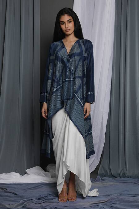 Krishna Mehta_Blue Chanderi Sequins V-neck Printed Jacket _Online_at_Aza_Fashions