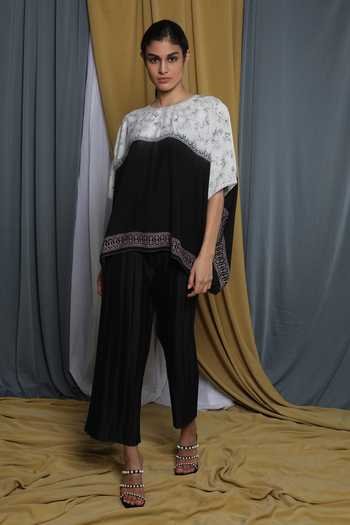 Krishna Mehta_Black Chanderi Embroidery Round Neck Placement Cape Top _Online_at_Aza_Fashions