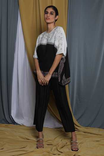 Shop_Krishna Mehta_Black Chanderi Embroidery Round Neck Placement Cape Top _Online_at_Aza_Fashions