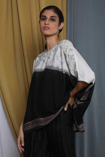 Krishna Mehta_Black Chanderi Embroidery Round Neck Placement Cape Top _at_Aza_Fashions