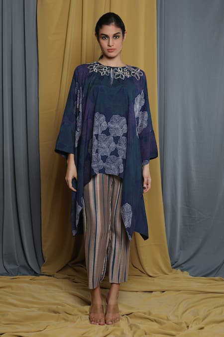 Krishna Mehta_Blue Modal Printed Floral Keyhole Cape Tunic _Online_at_Aza_Fashions
