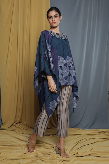 Buy_Krishna Mehta_Blue Modal Printed Floral Keyhole Cape Tunic _Online_at_Aza_Fashions