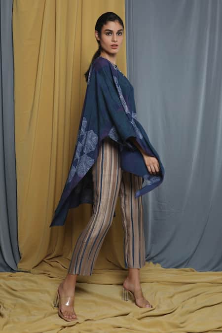 Shop_Krishna Mehta_Blue Modal Printed Floral Keyhole Cape Tunic _Online_at_Aza_Fashions