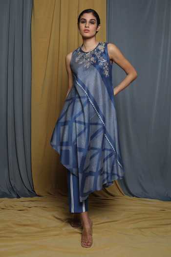 Krishna Mehta_Blue Chanderi Printed Abstract Round Tunic _Online_at_Aza_Fashions