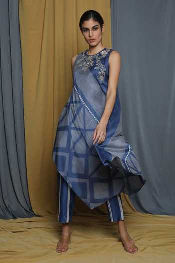 Buy_Krishna Mehta_Blue Chanderi Printed Abstract Round Tunic _Online_at_Aza_Fashions