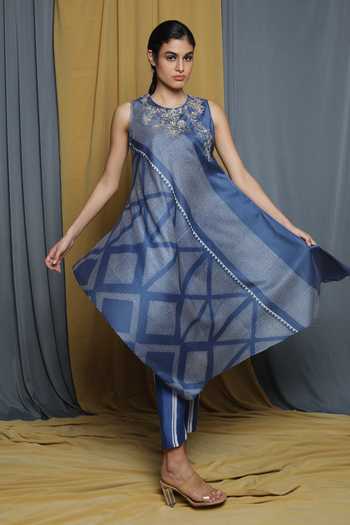 Shop_Krishna Mehta_Blue Chanderi Printed Abstract Round Tunic _Online_at_Aza_Fashions