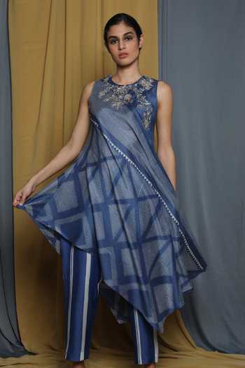 Krishna Mehta_Blue Chanderi Printed Abstract Round Tunic _at_Aza_Fashions