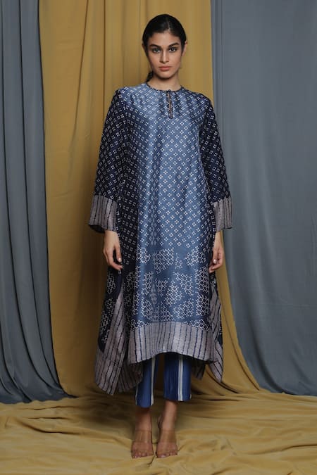 Krishna Mehta_Blue Tussar Keyhole Neck Geometric Hand Block Print Tunic _Online_at_Aza_Fashions