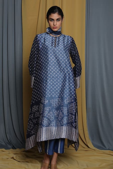 Shop_Krishna Mehta_Blue Tussar Keyhole Neck Geometric Hand Block Print Tunic _Online_at_Aza_Fashions