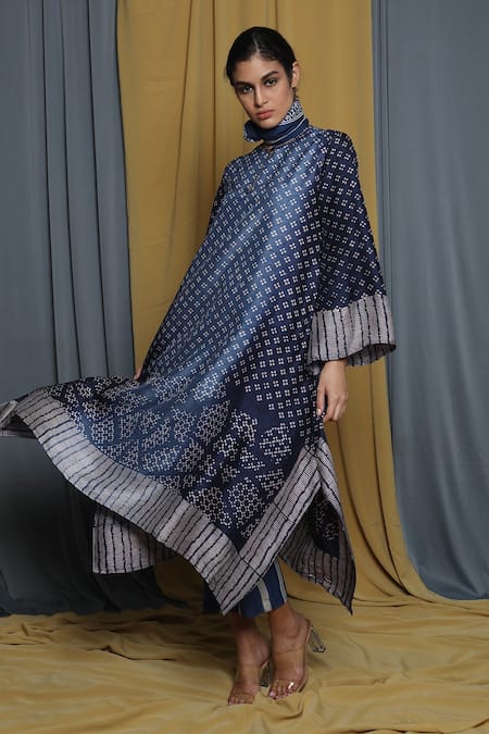 Krishna Mehta_Blue Tussar Keyhole Neck Geometric Hand Block Print Tunic _at_Aza_Fashions