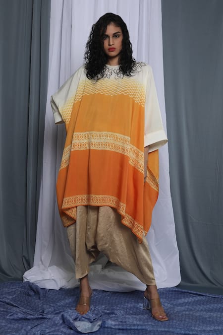 Krishna Mehta_Yellow Modal Printed Abstract Round Shaded Cape Tunic _Online_at_Aza_Fashions