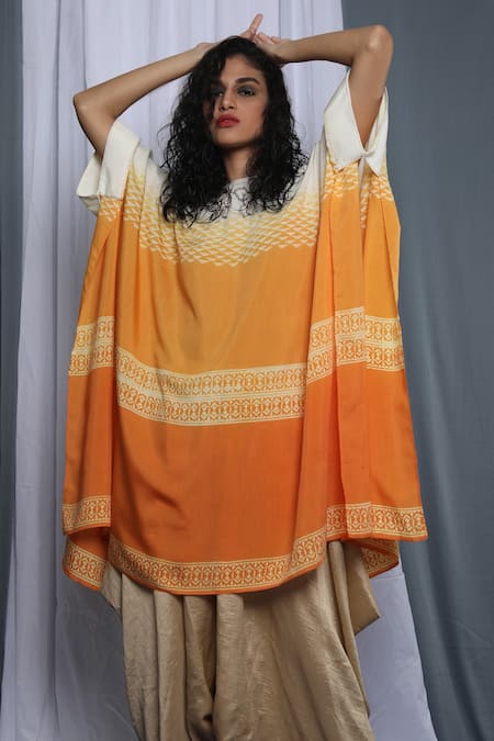 Shop_Krishna Mehta_Yellow Modal Printed Abstract Round Shaded Cape Tunic _Online_at_Aza_Fashions