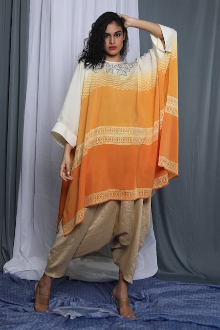 Krishna Mehta_Yellow Modal Printed Abstract Round Shaded Cape Tunic _at_Aza_Fashions